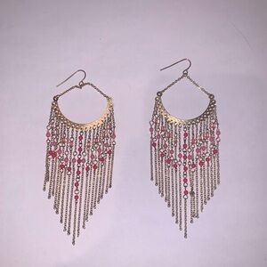 Boho Pink and Gold Chandelier Earrings NWT Long Dangling Bohemian with Beads
